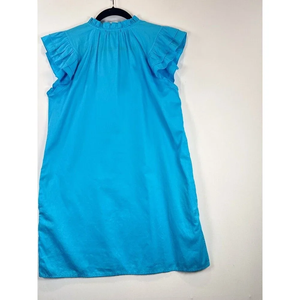 Stark X Mini Dress Blue Dreamy Tunic Flutter Sleeve Shift Split Neck Relaxed XS